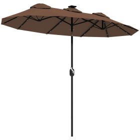 Double-sided Patio Umbrella, 9.7 Ft. Outdoor Umbrella With 45-Degree Tilt And Crank, LED Solar Light And 12 Ribs, Coffee (Color: coffee)