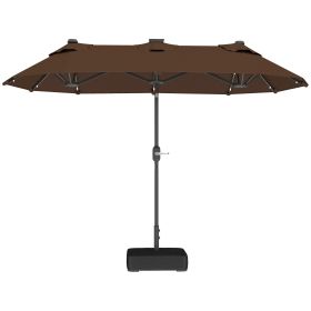 Double-sided Outdoor Patio Umbrella With Solar Lights And Base, Dining Table Umbrella Push Button Tilt, Coffee (Color: coffee)