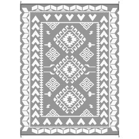 Reversible Outdoor Rug, Waterproof Plastic Straw With Carry Bag, 9 X 12, Gray & White Rhombus Patchwork (Option: Gray)
