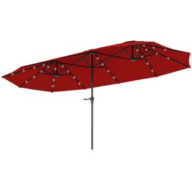 13ft Double-Sided Market Umbrella, Large Patio Umbrella With Solar Lights, Crank Handle For Garden, Pool, Yard, Wine Red (Color: Red)