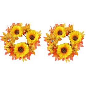 2 Pcs 9.8 Inch Fall Candle Rings Wreaths Candlestick Decorative Rattan Garland Maple Leaf Berries Sunflowers Candle Rings Autumn Wedding Parties (Option: W13688142)
